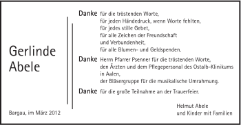 Traueranzeige von Gerlinde Abele von Gmünder Tagespost
