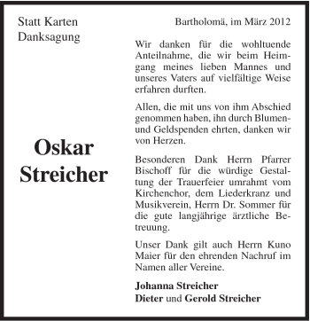 Traueranzeige von Oskar Streicher von Gmünder Tagespost