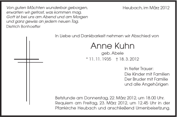 Traueranzeige von Anne Kuhn von Gmünder Tagespost