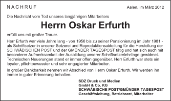 Traueranzeige von Oskar Erfurth von Schwäbische Post