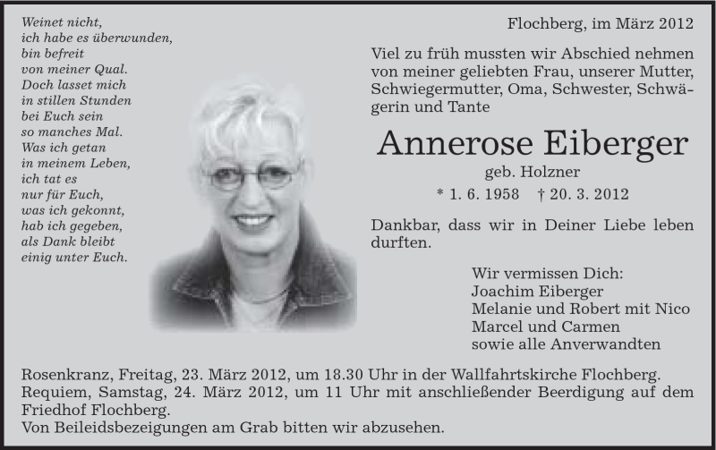  Traueranzeige für Annerose Eiberger vom 21.03.2012 aus Schwäbische Post