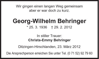 Traueranzeige von Behringer Georg-Wilhelm von 082