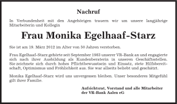 Traueranzeige von Monika Egelhaaf-Starz von Schwäbische Post