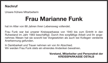 Traueranzeige von Marianne Funk von Schwäbische Post