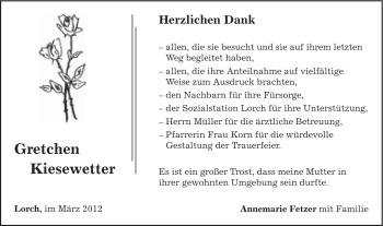 Traueranzeige von Gretchen Kiesewetter von Gmünder Tagespost