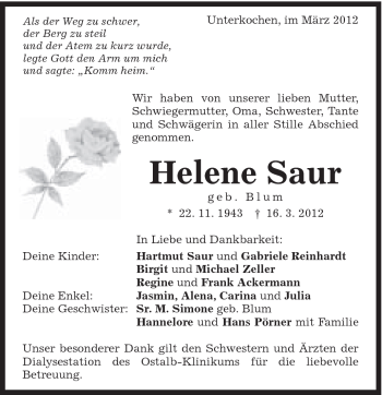 Traueranzeige von Helene Saur von Schwäbische Post