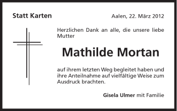 Traueranzeige von Mathilde Mortan von Schwäbische Post