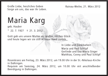 Traueranzeige von Maria Karg von Schwäbische Post