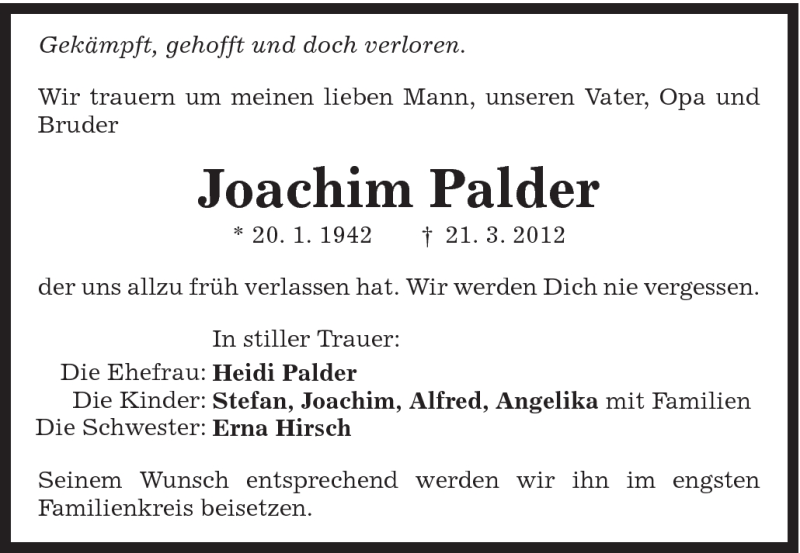  Traueranzeige für Joachim Palder vom 23.03.2012 aus Schwäbische Post