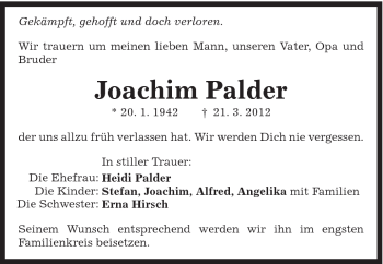 Traueranzeige von Joachim Palder von Schwäbische Post