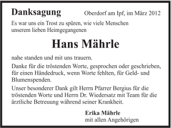 Traueranzeige von Hans Mährle von Schwäbische Post