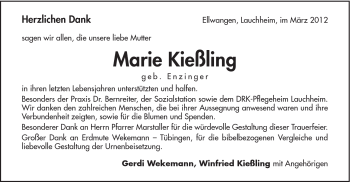 Traueranzeige von Marie Kießling von Schwäbische Post