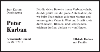 Traueranzeige von Peter Karban von Gmünder Tagespost