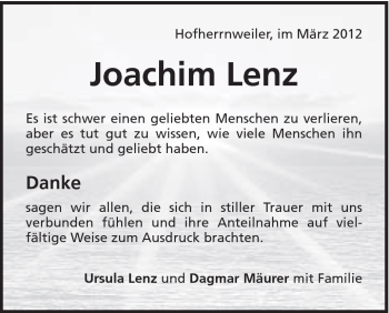 Traueranzeige von Joachim Lenz von Schwäbische Post