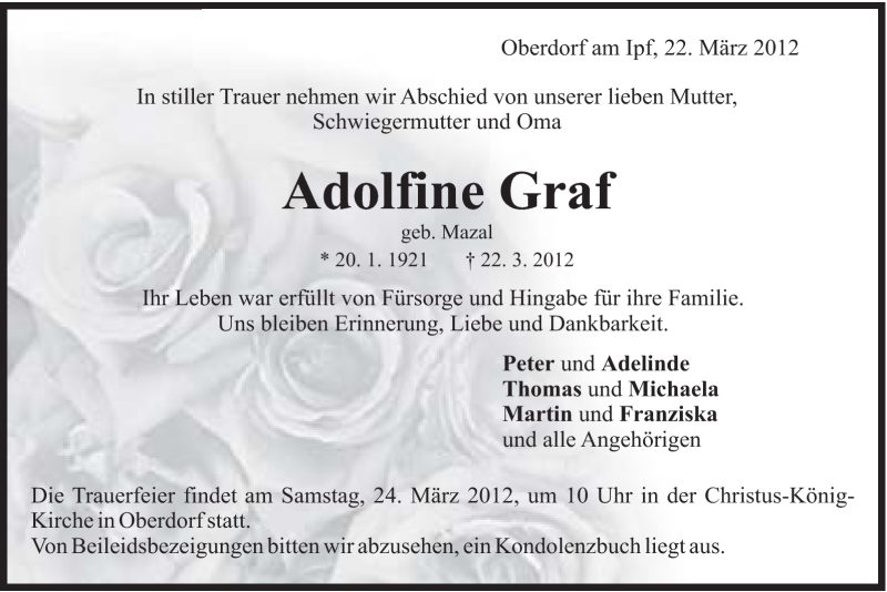  Traueranzeige für Adolfine Graf vom 23.03.2012 aus Schwäbische Post