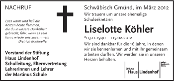 Traueranzeige von Liselotte Köhler von Gmünder Tagespost