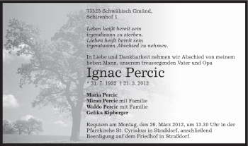 Traueranzeige von Ignac Percic von Gmünder Tagespost