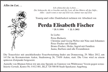 Traueranzeige von Perda Elisabeth Fischer von Schwäbische Post