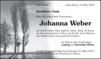 Traueranzeige von Johanna Weber von Schwäbische Post