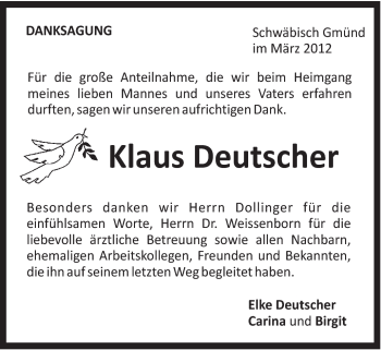 Traueranzeige von Klaus Deutscher von Gmünder Tagespost