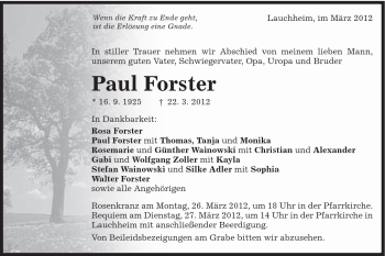 Traueranzeige von Paul Forster von Schwäbische Post