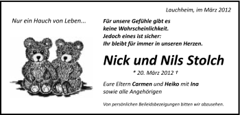 Traueranzeige von Nick u. Nils Stolch von Schwäbische Post