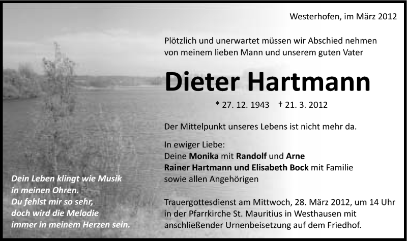 Traueranzeige für Dieter Hartmann vom 24.03.2012 aus Schwäbische Post