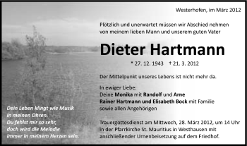 Traueranzeige von Dieter Hartmann von Schwäbische Post