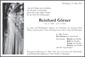 Traueranzeige von Reinhard Görner von Schwäbische Post