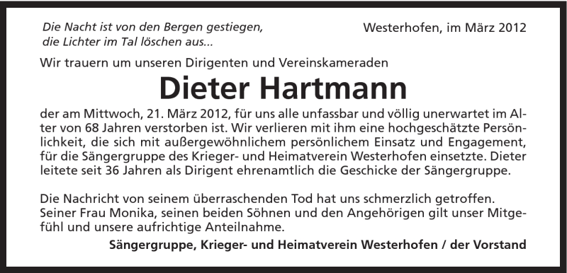  Traueranzeige für Dieter Hartmann vom 26.03.2012 aus Schwäbische Post
