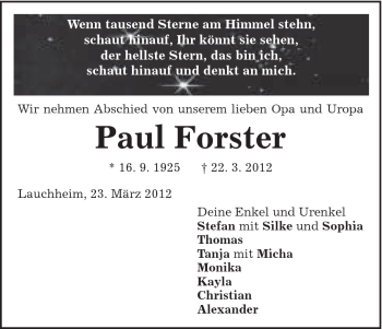 Traueranzeige von Paul Forster von Schwäbische Post