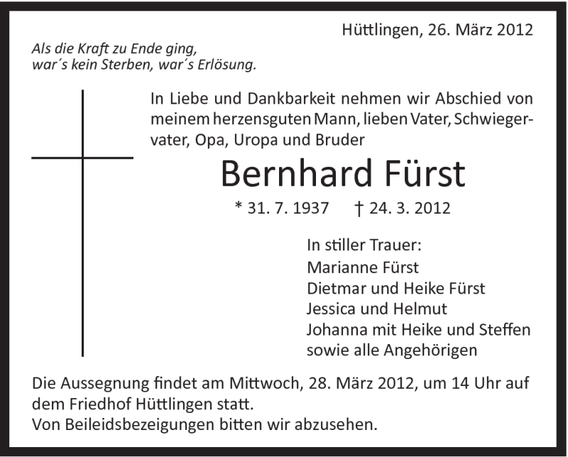  Traueranzeige für Bernhard Fürst vom 26.03.2012 aus Schwäbische Post