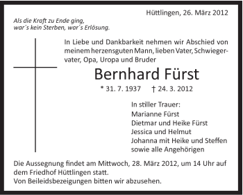 Traueranzeige von Bernhard Fürst von Schwäbische Post