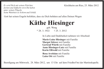 Traueranzeige von Käthe Hiesinger von Schwäbische Post