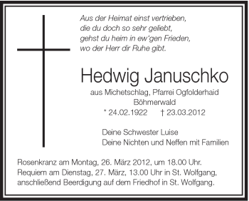 Traueranzeige von Hedwig Anuschko von Schwäbische Post