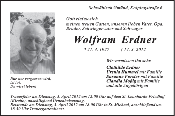 Traueranzeige von Wolfram Erdner von Gmünder Tagespost