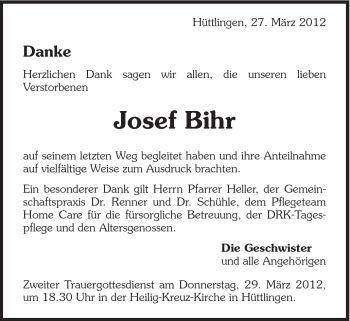 Traueranzeige von Josef Bihr von Schwäbische Post