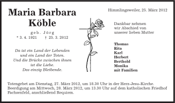 Traueranzeige von Maria Barbara Köble von Schwäbische Post