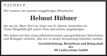 Traueranzeige von helmut Hübner von Gmünder Tagespost