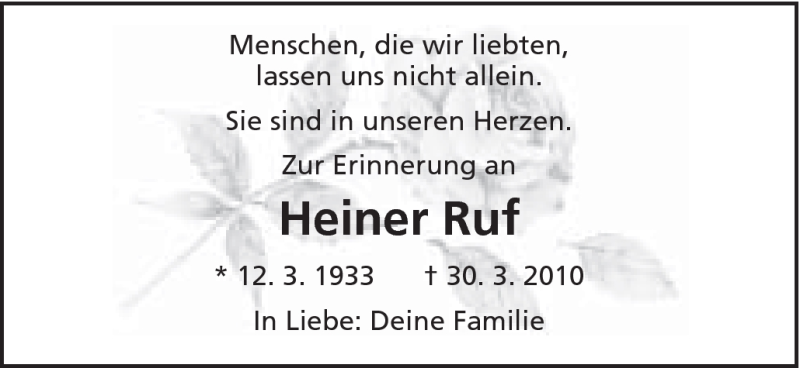  Traueranzeige für Heiner Ruf vom 30.03.2012 aus Schwäbische Post