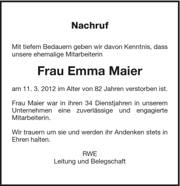 Traueranzeige von Emma Maier von 020
