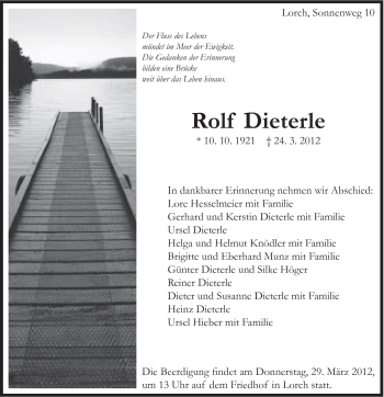 Traueranzeige von Rolf Dieterle von Gmünder Tagespost