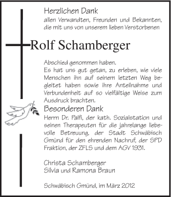 Traueranzeige von Rolf Schamberger von Gmünder Tagespost