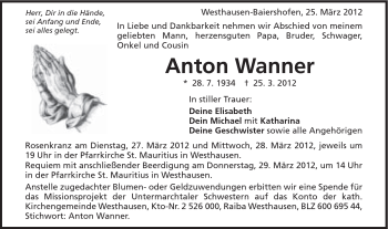 Traueranzeige von Anton Wanner von Schwäbische Post