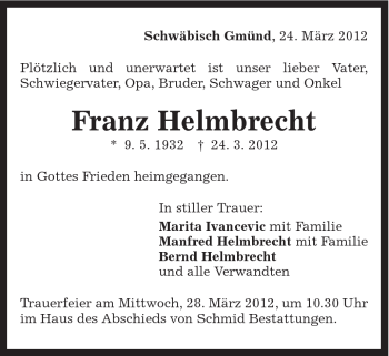 Traueranzeige von Franz Helmbrecht von Gmünder Tagespost