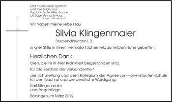 Traueranzeige von Silvia Klingenmaier von Gmünder Tagespost