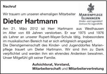 Traueranzeige von Dieter Hartmann von Schwäbische Post