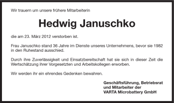 Traueranzeige von Januschko Hedwig von Schwäbische Post