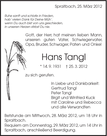 Traueranzeige von Hans Tangl von Gmünder Tagespost