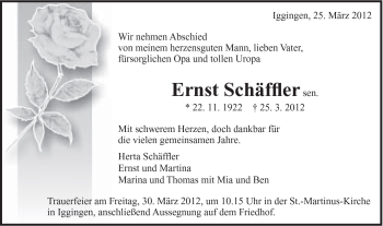 Traueranzeige von Ernst Schäffler von Gmünder Tagespost